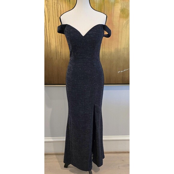 Off Shoulder Evening Gown Dress Womens 6 Navy Glitter Sweetheart Formal Slit - Picture 1 of 16